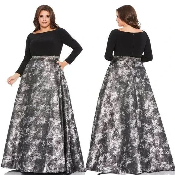 MAC DUGGAL STRETCH‎ TOP BROCADE BALL GOWN BLACK SILVER NEW 67741 SZ 24W - Picture 1 of 7